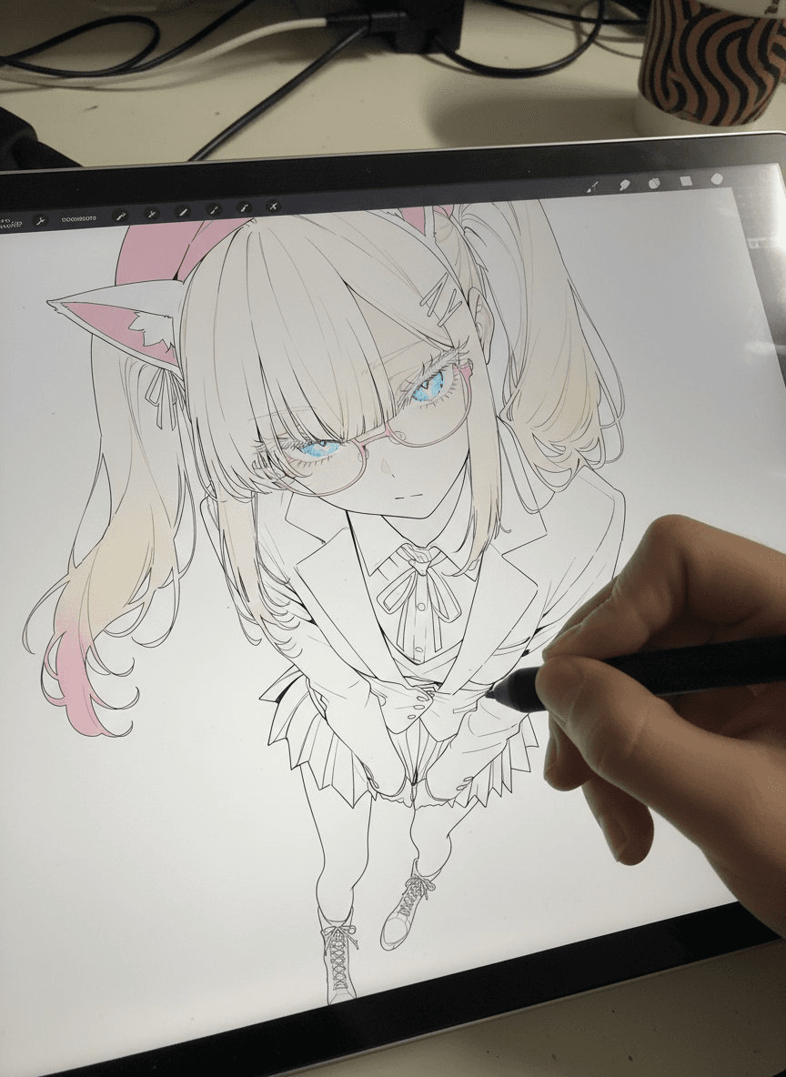AI generated image for: Drawing on a Pen Display, nano-banana, 人像, 艺术, 复古