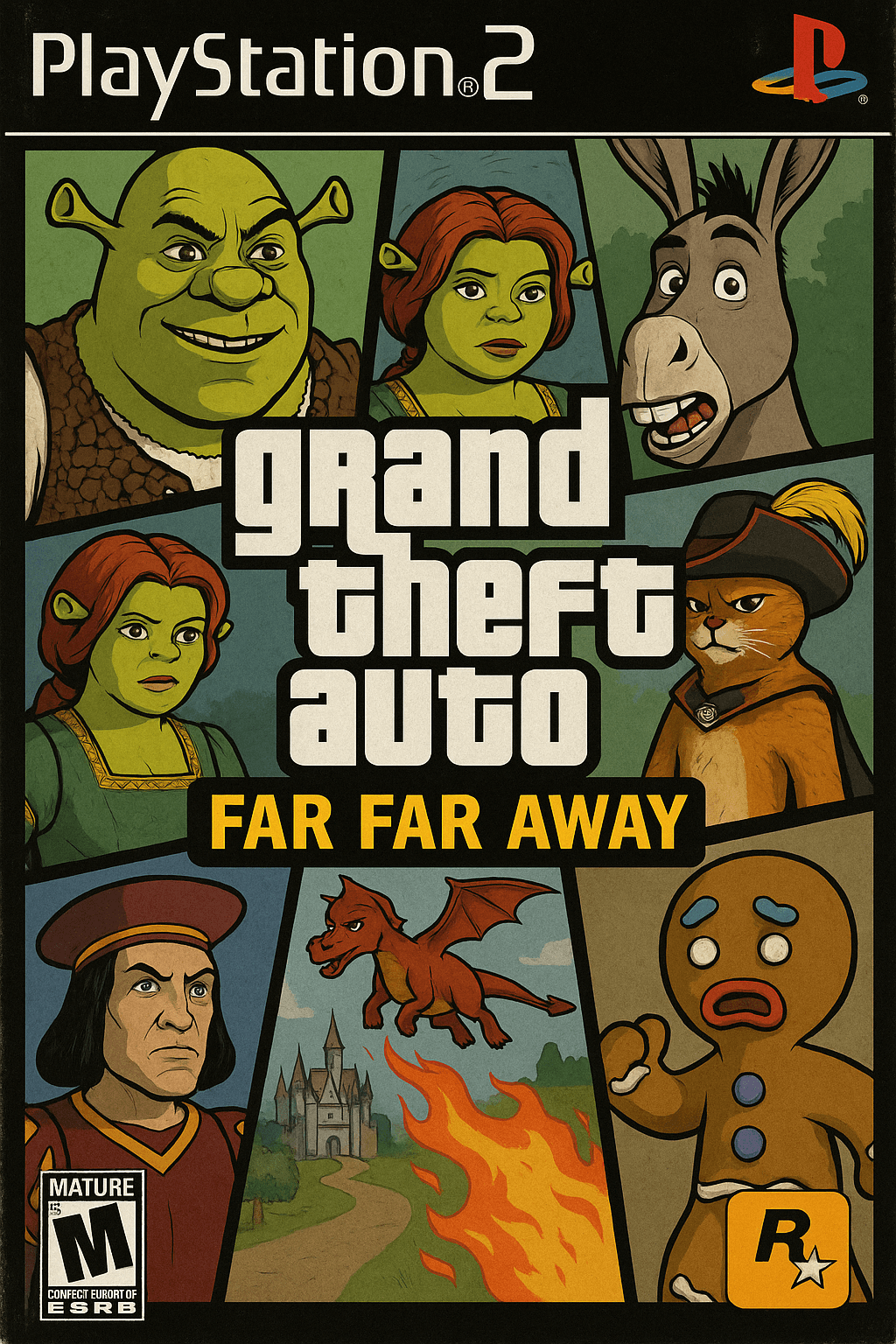 AI photo prompt – PS2 Game Cover (GTA x Shrek) output image