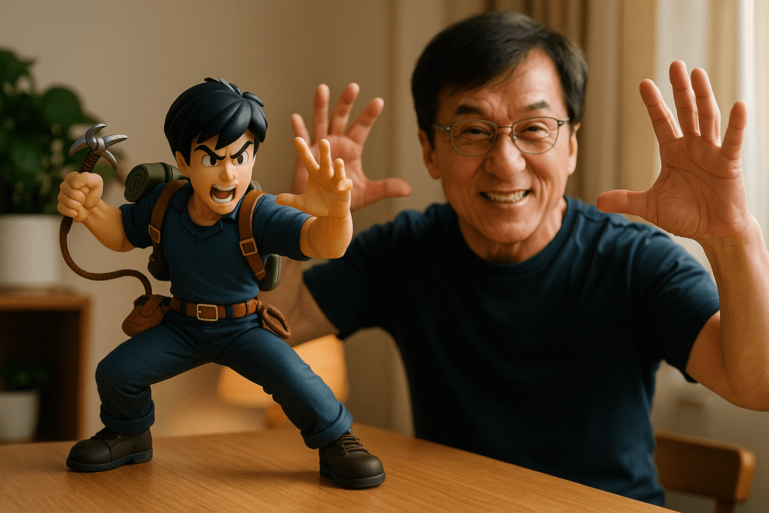 AI photo prompt – Action Figure and Real Person in the Same Frame output image