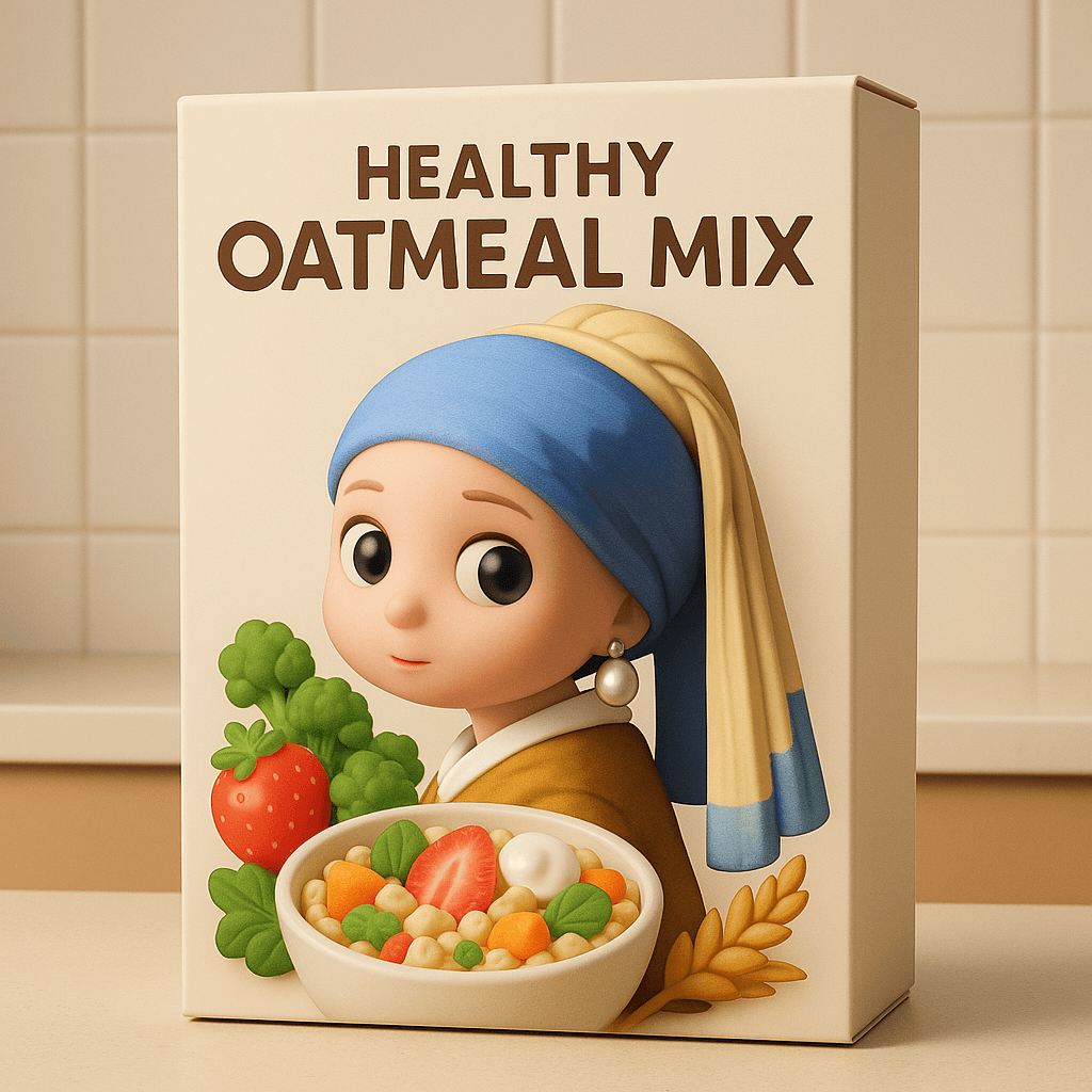 AI photo prompt – Famous Painting Character Cereal Ad output image