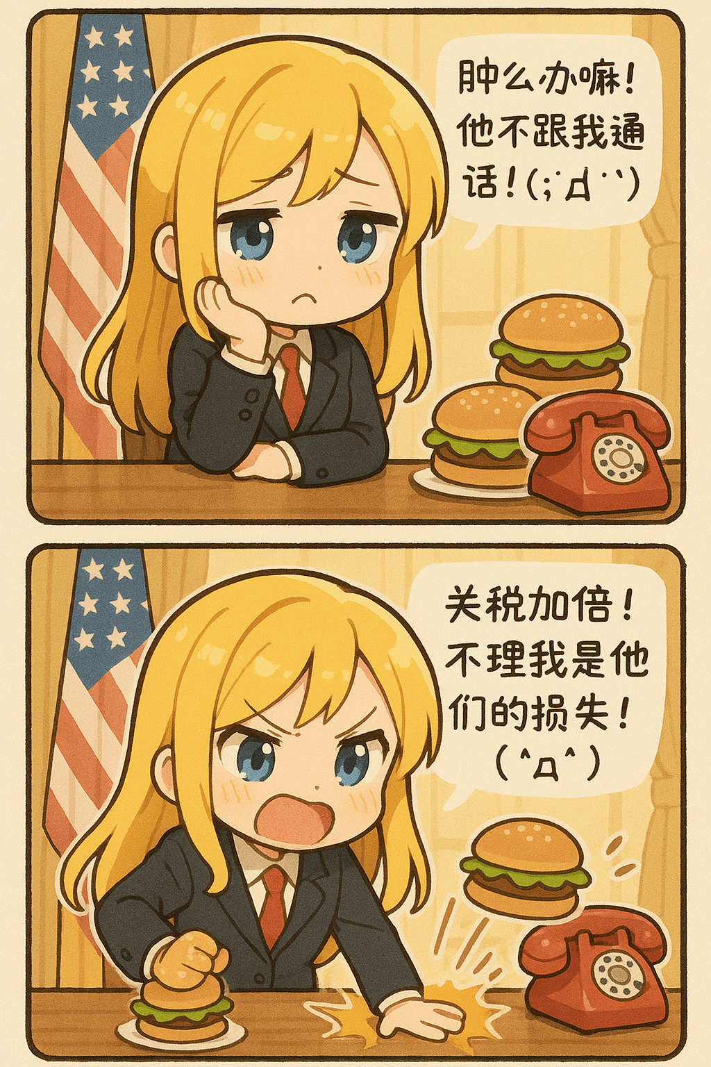 AI photo prompt – Japanese-style Two-Panel Manga (Angry Girl President) output image