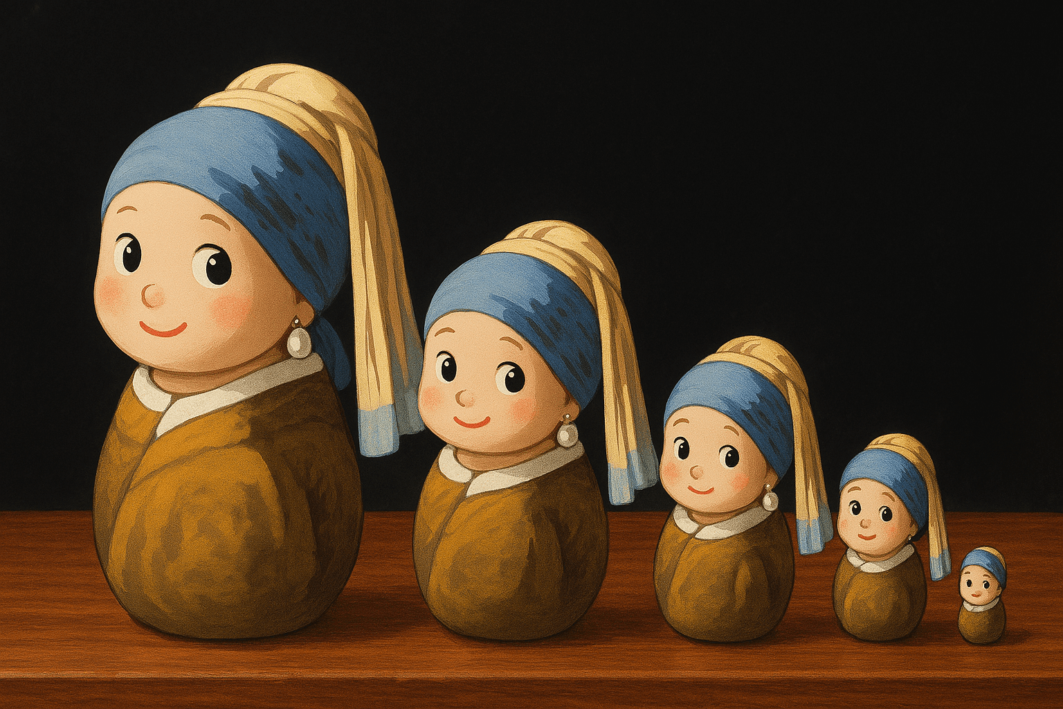 AI photo prompt – Cute Chibi Matryoshka Dolls (Girl with a Pearl Earring) output image