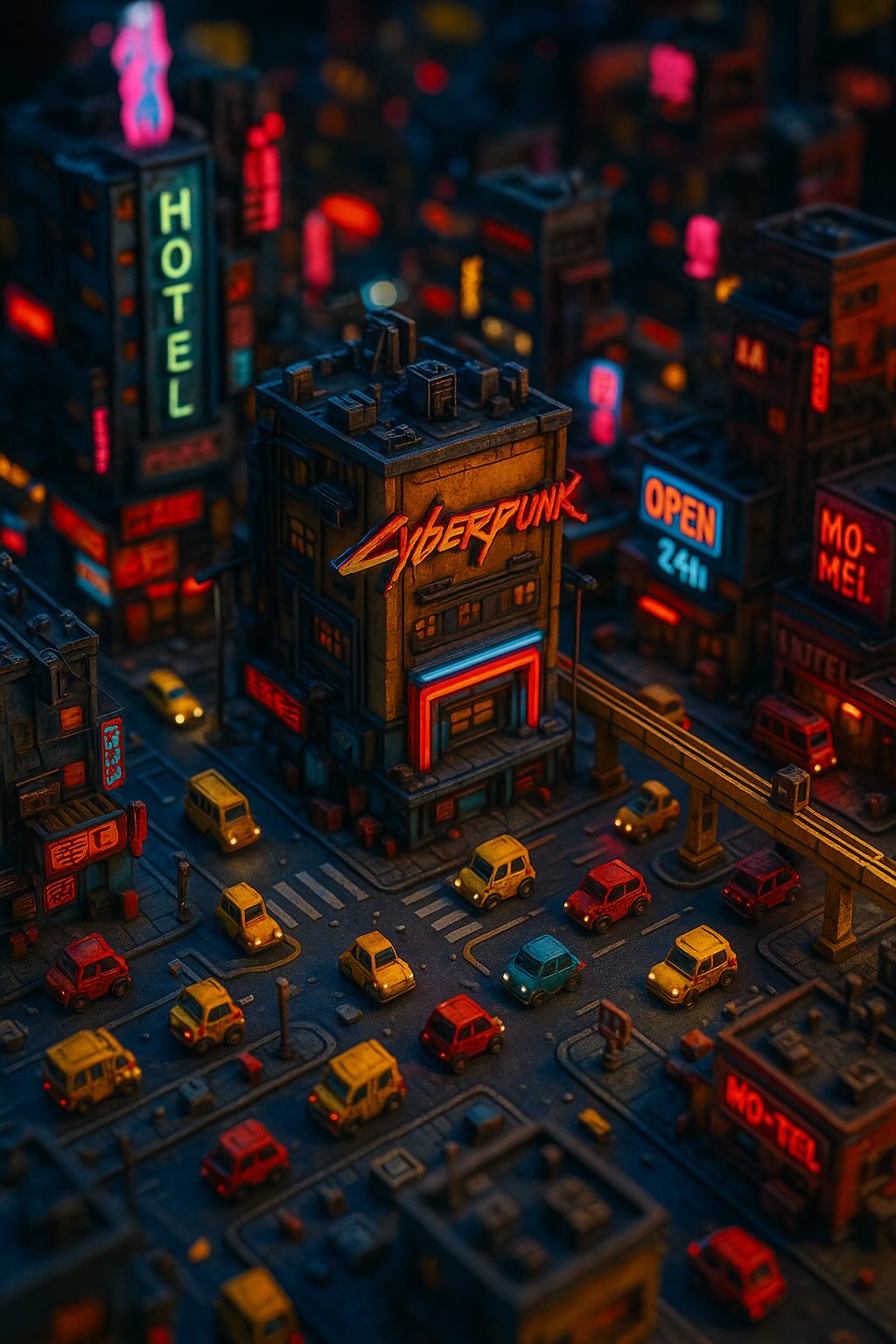 AI photo prompt – Miniature Cyberpunk Tilt-Shift Landscape output image