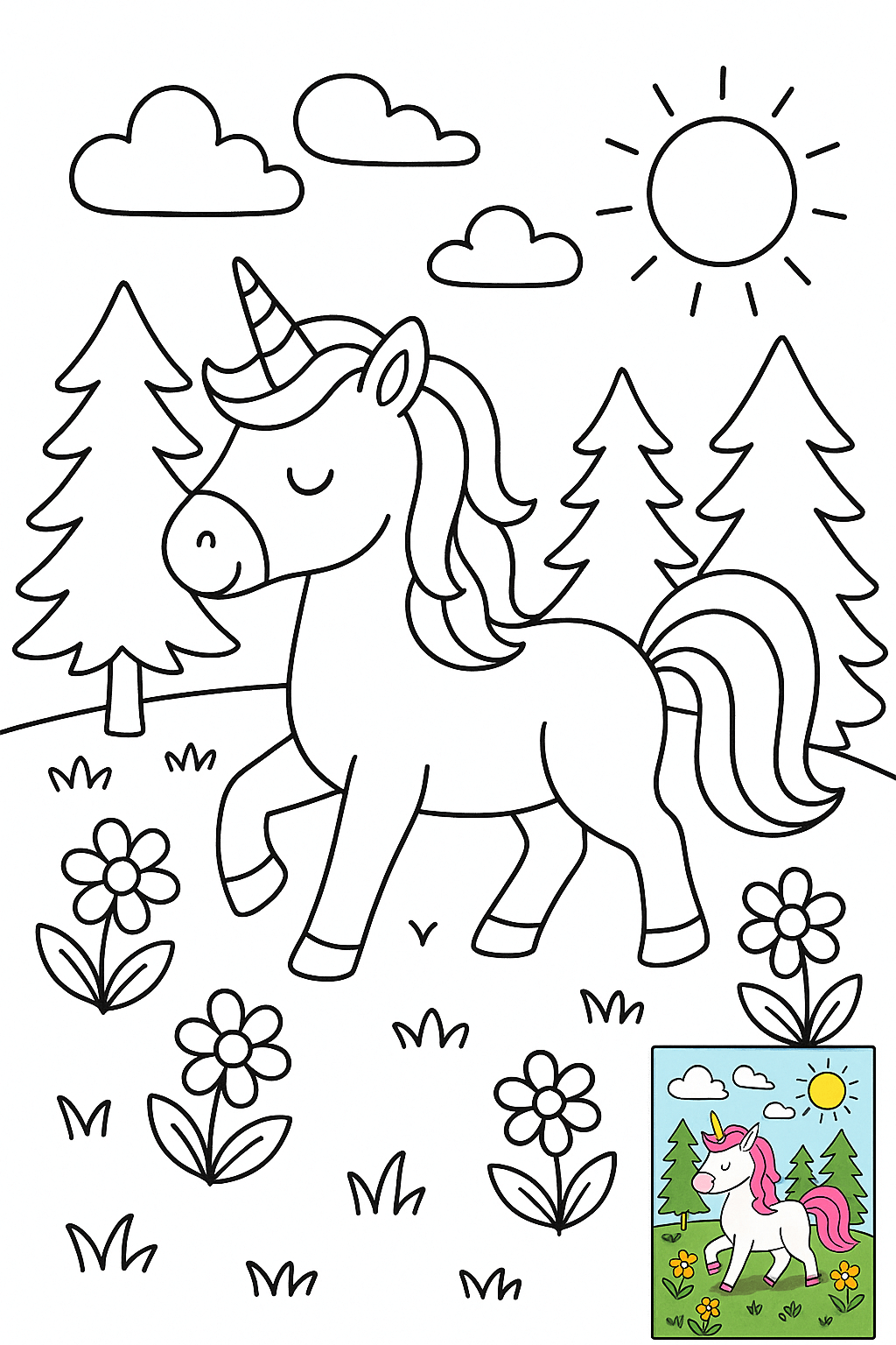 AI photo prompt – Children's Coloring Page Illustration (with Color Reference) output image