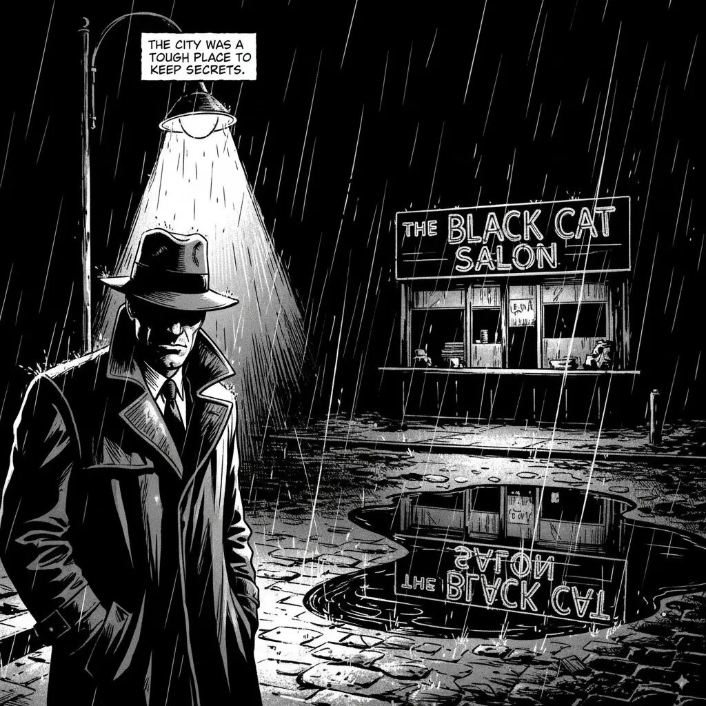 Noir style detective comic book panel